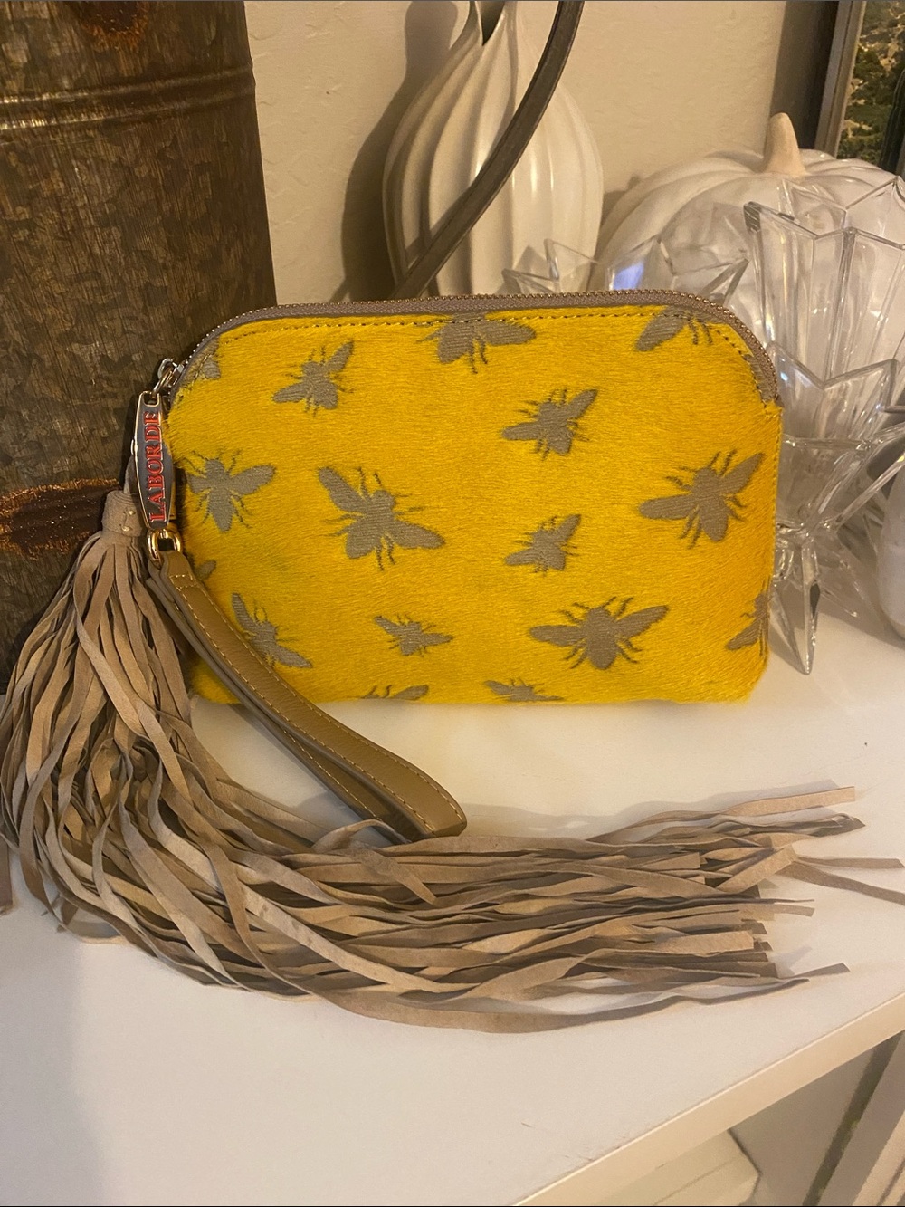 Laborde Hair on hyde with Yellow Bee-Print Wristlet Clutch with Tassel